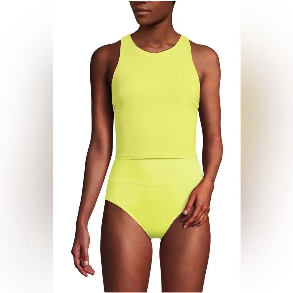 Land's End Plus Racer Back High Neck Tankini shelf bra cropped lime green 14